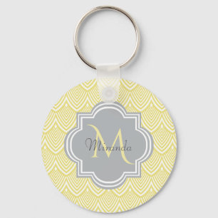 Chic Yellow Art Deco Scallops Grey Monogram Name Key Ring