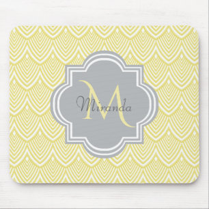 Chic Yellow Art Deco Scallops Grey  Monogram Name Mouse Pad