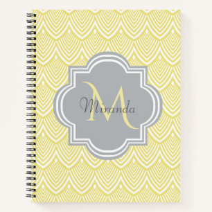 Chic Yellow Art Deco Scallops Grey  Monogram Name Notebook