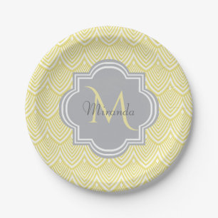 Chic Yellow Art Deco Scallops Grey Monogram Name Paper Plate