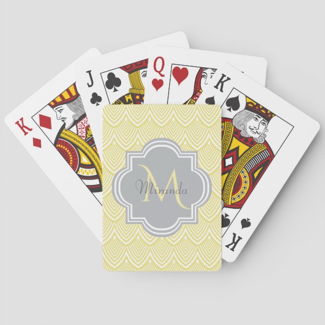 Chic Yellow Art Deco Scallops Grey Monogram Name Playing Cards (Back)