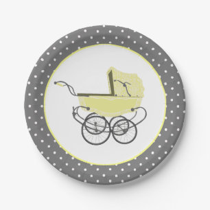 Chic Yellow Baby Buggy Baby Shower Paper Plate