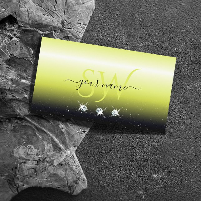 Chic Yellow Black Gradient Sparkle Jewels Initials Business Card (Creator Uploaded)