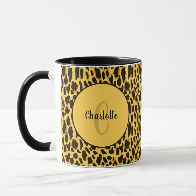 Chic Yellow & Black Leopard Cheetah Print Custom Mug (Left)