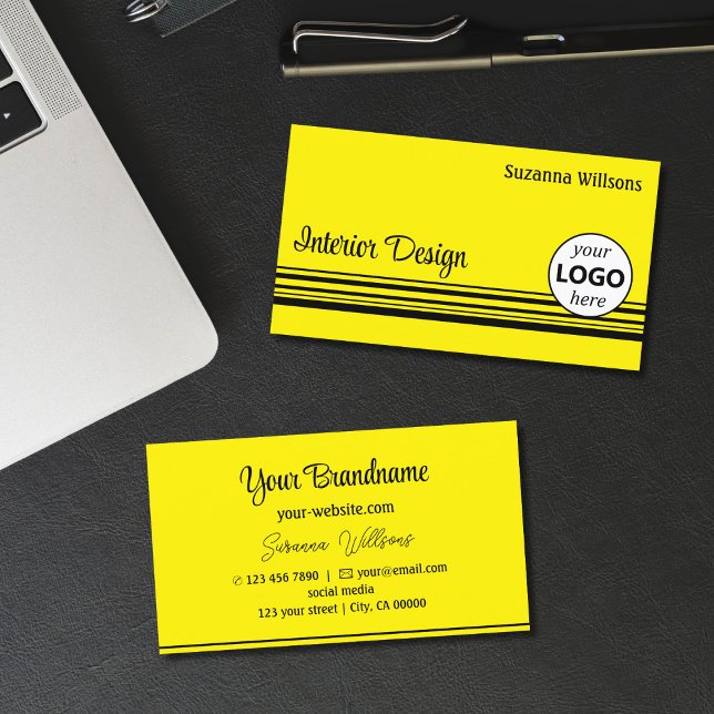 Chic Yellow Black Stripes with Logo Professional Business Card (Creator Uploaded)