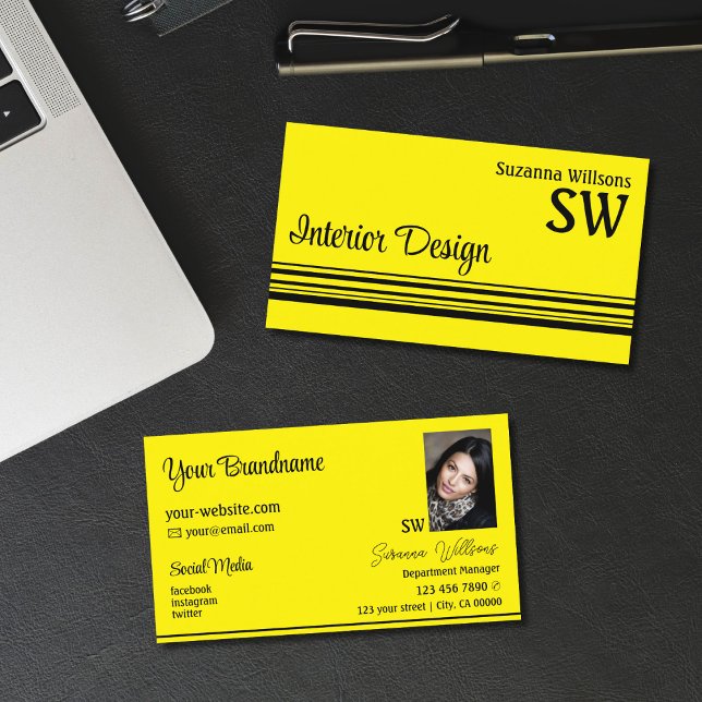 Chic Yellow Black Stripes with Monogram and Photo Business Card (Creator Uploaded)