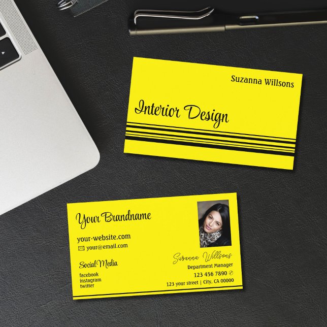 Chic Yellow Black Stripes with Photo Professional Business Card (Creator Uploaded)