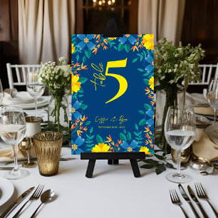 Chic Yellow Blue Floral Wedding Party Table Number
