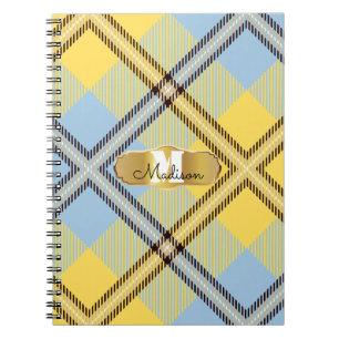 Chic Yellow Blue Tartan Gold Monogram Script Name Notebook