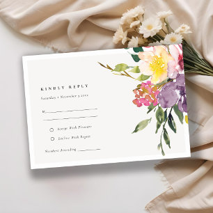 Chic Yellow Blush Burgundy Floral Wedding RSVP Enclosure Card