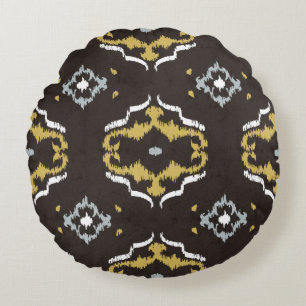 Chic yellow brown ikat tribal pattern round cushion