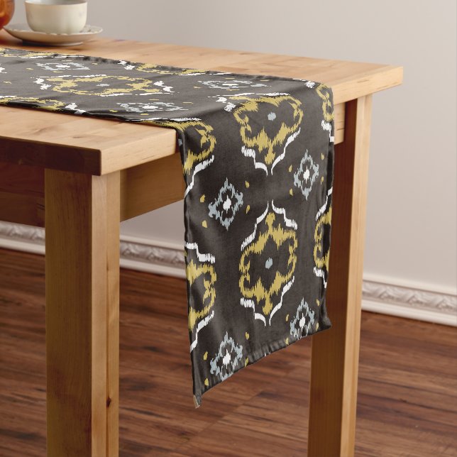 Chic yellow brown ikat tribal pattern short table runner (In Situ)