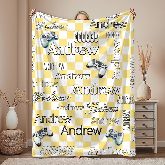 chic yellow checkered gaming monogram fleece blanket (Creator Uploaded)
