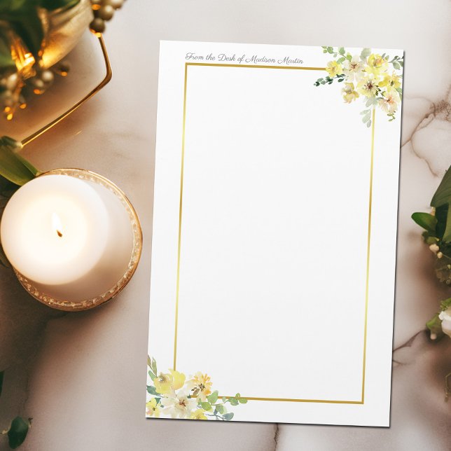 Chic Yellow Floral Gold Border Custom Stationery (Creator Uploaded)