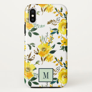 Chic Yellow Flowers and leaves monogram iPhone XS Case