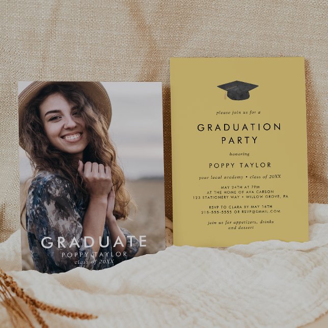 Chic Yellow Grad Cap Photo Graduation Party Invitation (Creator Uploaded)