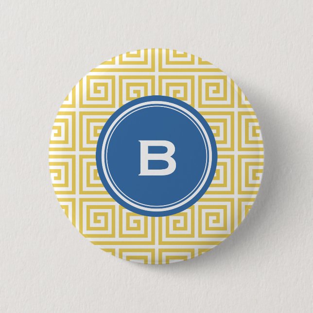Chic yellow greek key geometric patterns monogram 6 cm round badge (Front)