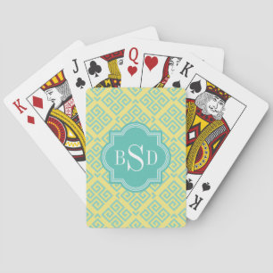 Chic yellow greek key geometric patterns monogram playing cards