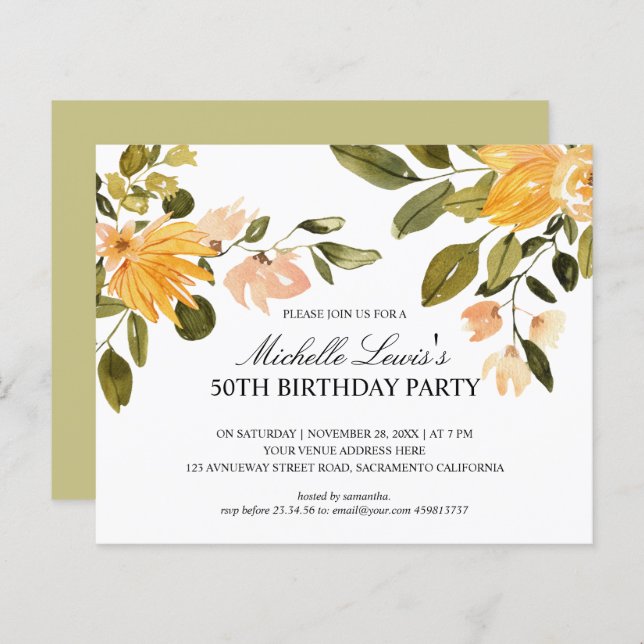 Chic Yellow green floral 50TH BIRTHDAY PARTY (Front/Back)
