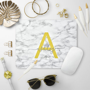 Chic Yellow Grey White Marble Script Name Monogram Mouse Pad