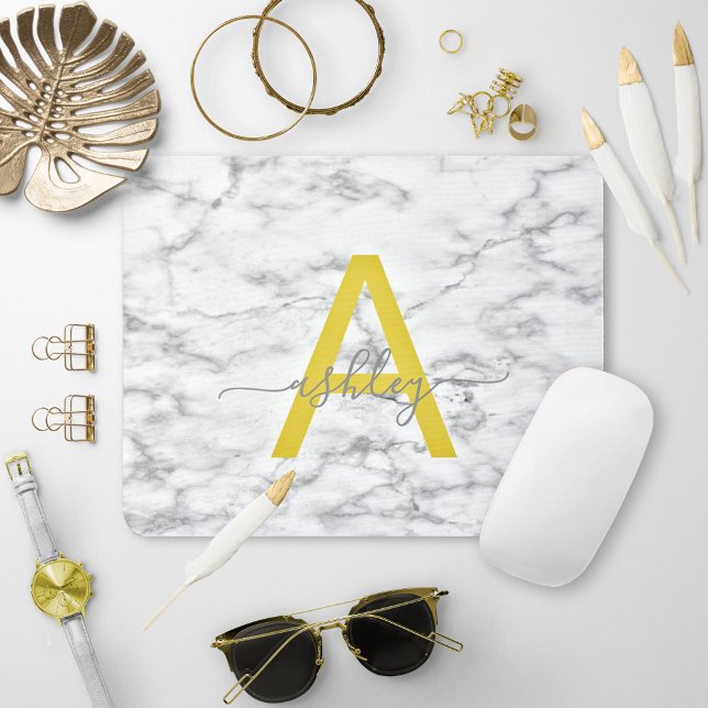 Chic Yellow Grey White Marble Script Name Monogram Mouse Pad (Creator Uploaded)