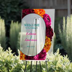 chic yellow hot pink green floral wedding welcome acrylic sign