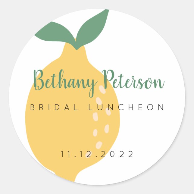 Chic Yellow Lemon Bridal Shower Luncheon Classic Round Sticker (Front)