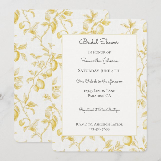 Chic Yellow Lemons Bridal Shower Invitation (Front/Back)