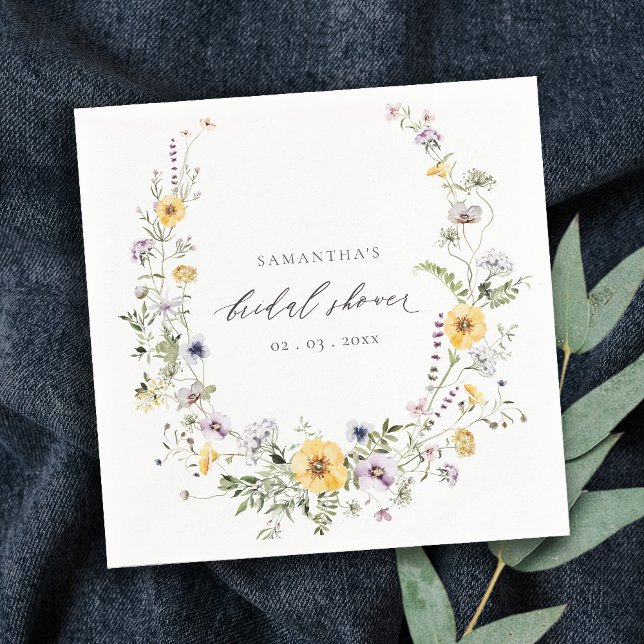 Chic Yellow Lilac Wildflower Wreath Bridal Shower Napkin (Creator Uploaded)