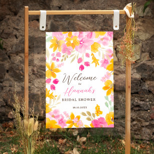 Chic yellow pink floral watercolor bridal welcome poster