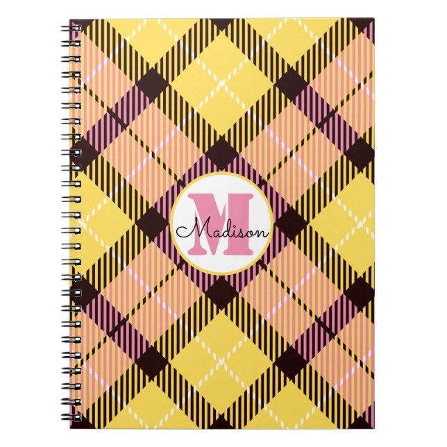 Chic Yellow Pink Plaid Tartan Monogram Script Name Notebook (Front)