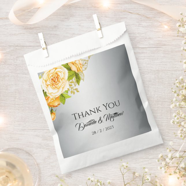 Chic Yellow Roses and Silver Wedding Favour Bag (Clipped)