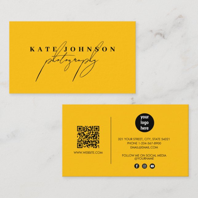 Chic Yellow Signature Script QR Code Social Media  Business Card (Front/Back)