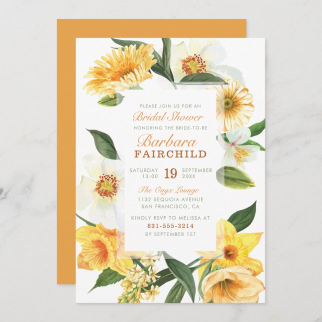 Chic Yellow Spring Daisies Floral Bridal Shower Invitation (Front/Back)