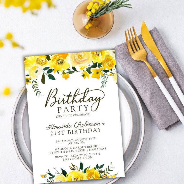 Chic Yellow Watercolor Rose Floral 21st Birthday Invitation (Creator Uploaded)