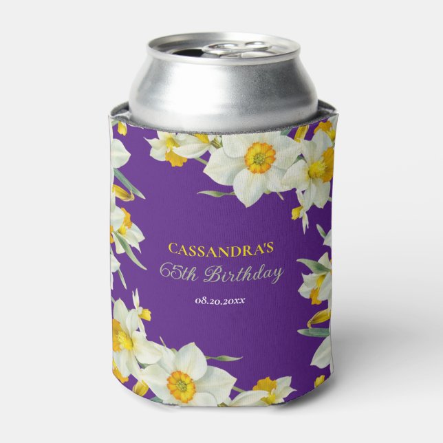 Chic Yellow White Daffodil Floral Purple Birthday  Can Cooler (Can Front)