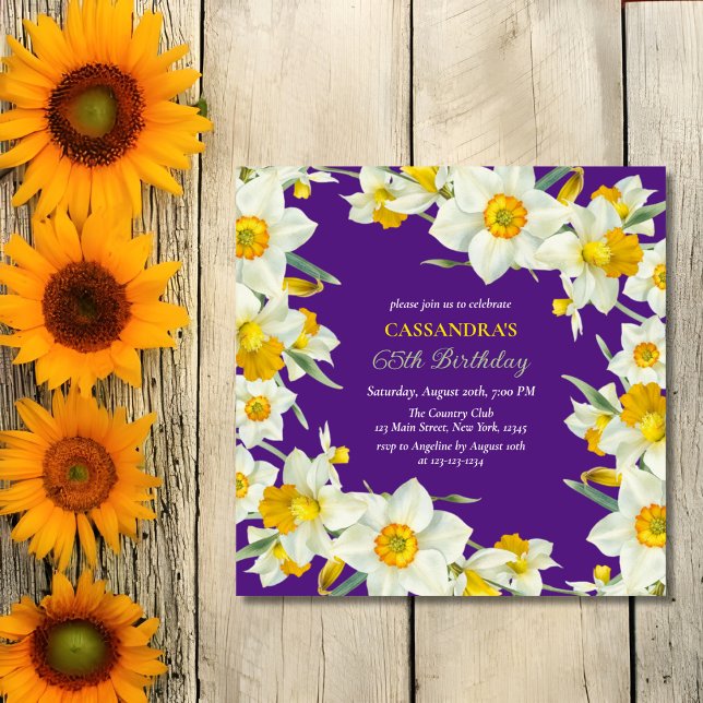 Chic Yellow White Daffodil Floral Purple Birthday  Invitation (Creator Uploaded)