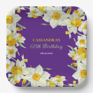 Chic Yellow White Daffodil Floral Purple Birthday  Paper Plate