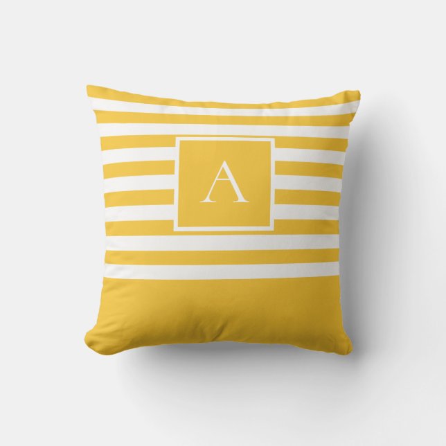 Chic Yellow White Stripe Square Letter Monogram Cushion (Front)