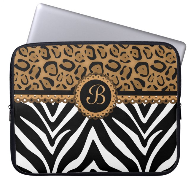 Chic Zebra Leopard Lace Monogram Laptop Sleeve (Front)