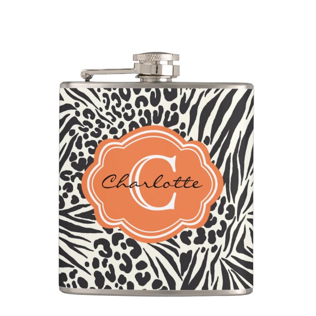 Chic Zebra Leopard & Orange Custom Monogram Flask (Front)
