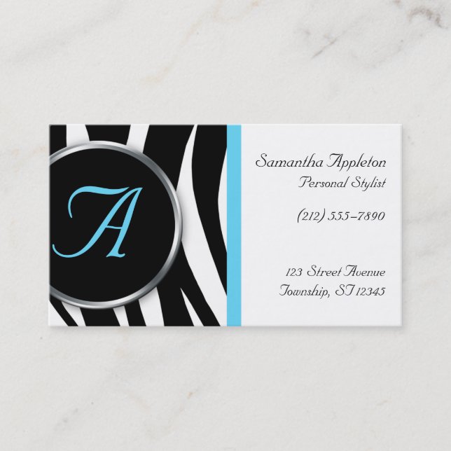 Chic Zebra Print Aqua Monogram Business Cards (Front)