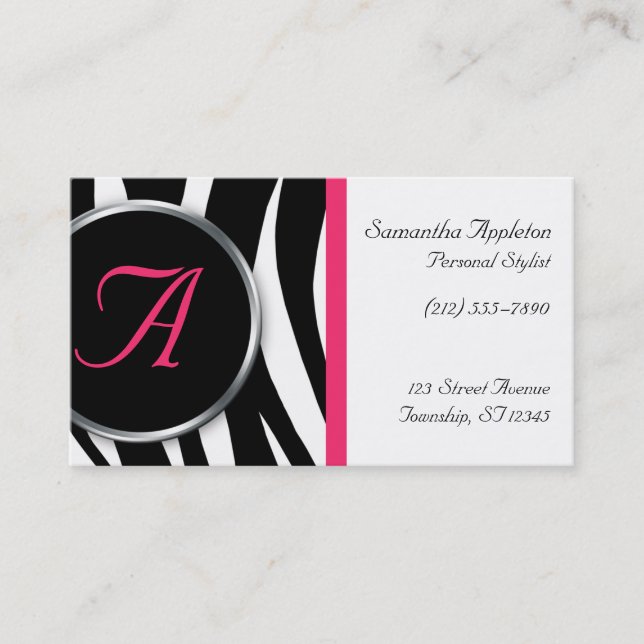 Chic Zebra Print Berry Monogram Business Cards (Front)