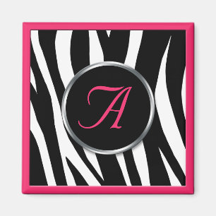 Chic Zebra Print Berry Pink Monogram Magnet