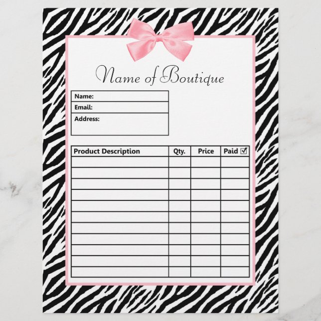 Chic Zebra Print Light True Pink Ribbon Order Form (Front)