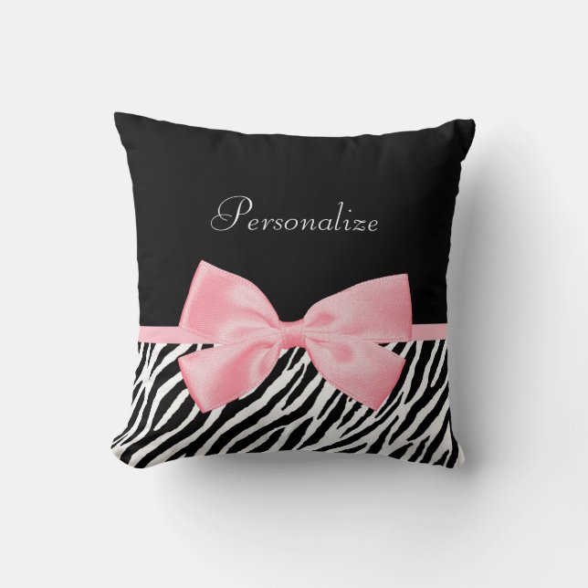 Chic Zebra Print Soft Girly Light Pink Ribbon Cushion (Front)