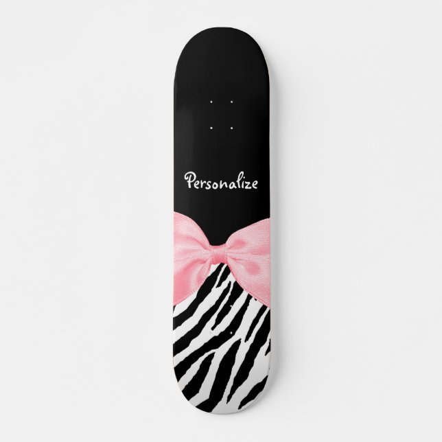 Chic Zebra Print Soft Girly Light Pink Ribbon Skateboard (Front)