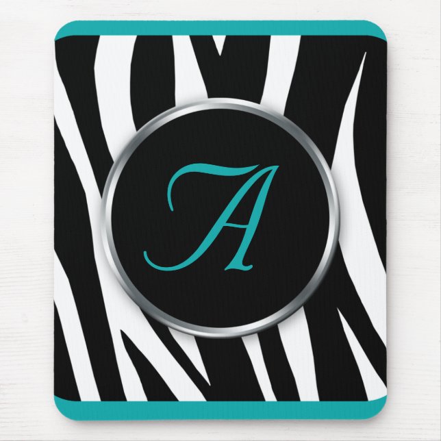 Chic Zebra Print Teal Monogram mousepad (Front)