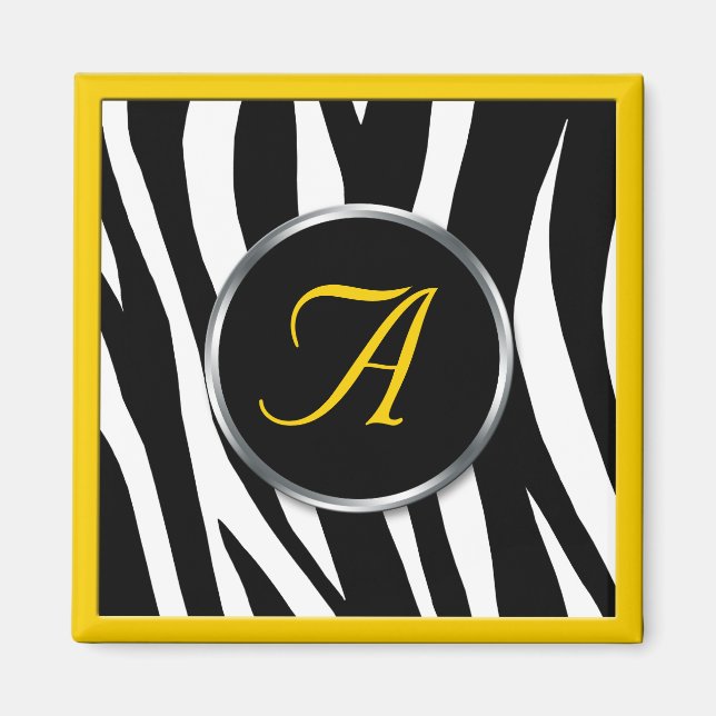 Chic Zebra Print Yellow Monogram Magnet (Front)