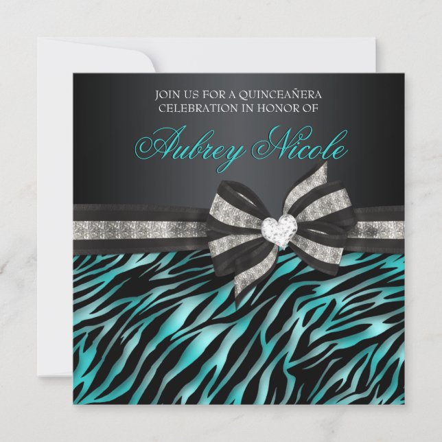 Chic Zebra Quinceañera Invite With Jewelled Bow (Front)